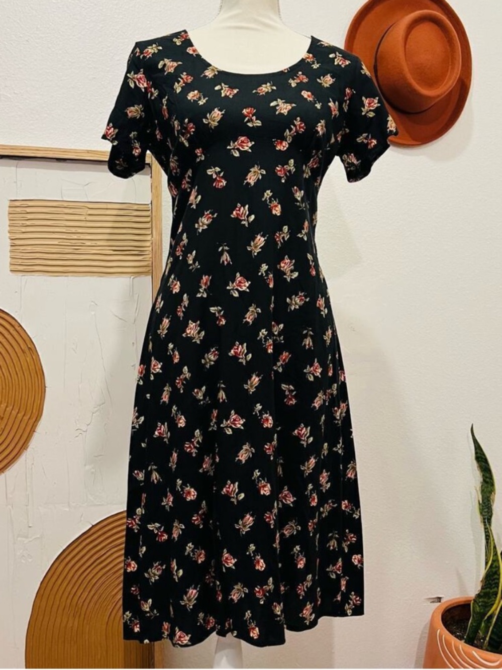 Heads Up Vintage 90s Black Rose Floral Short Sleeve USA Made Midi Dress
